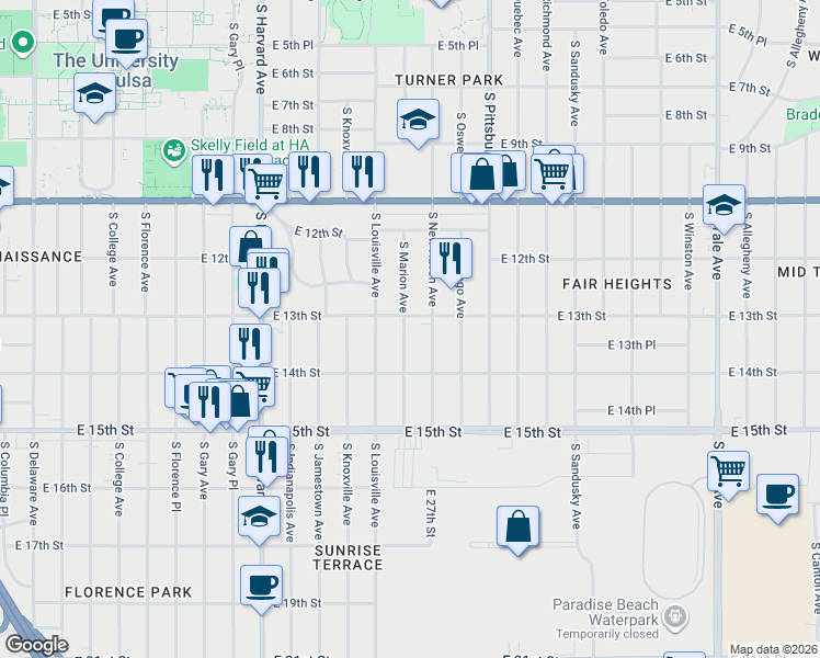 map of restaurants, bars, coffee shops, grocery stores, and more near 1311 South Marion Avenue in Tulsa