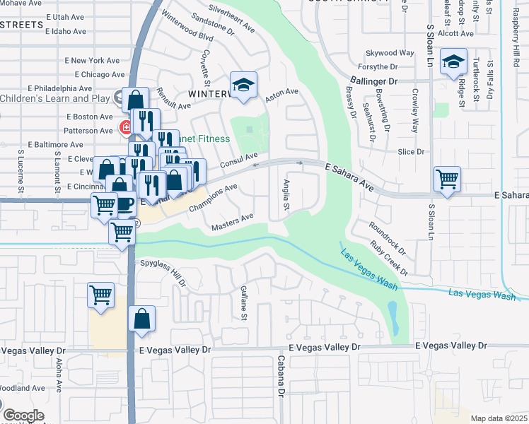 map of restaurants, bars, coffee shops, grocery stores, and more near 2539 Winterwood Boulevard in Las Vegas