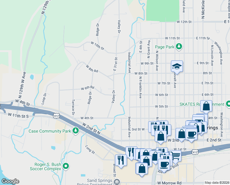 map of restaurants, bars, coffee shops, grocery stores, and more near 602 Valley Drive in Sand Springs