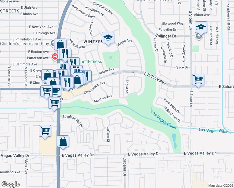 map of restaurants, bars, coffee shops, grocery stores, and more near 2539 Winterwood Boulevard in Las Vegas