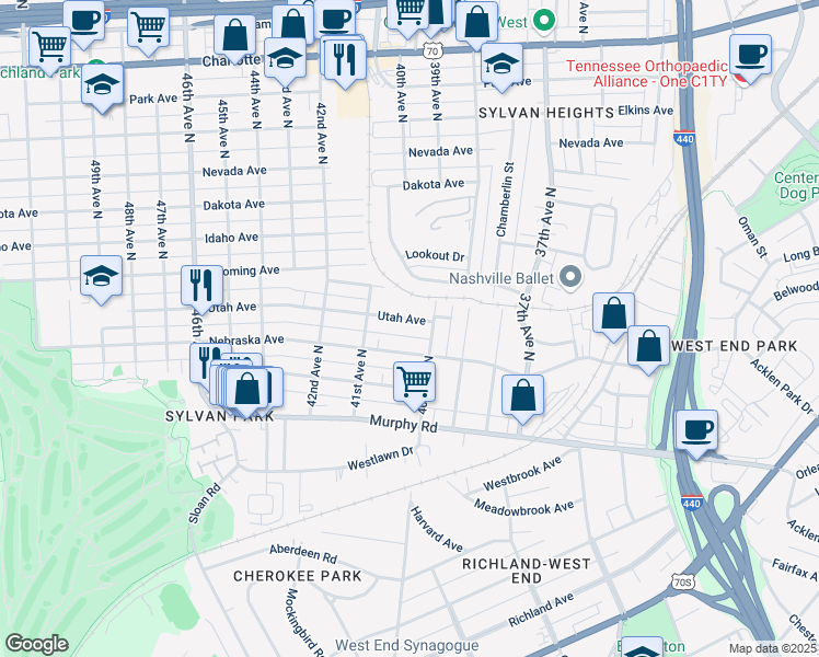 map of restaurants, bars, coffee shops, grocery stores, and more near 4009 Utah Avenue in Nashville