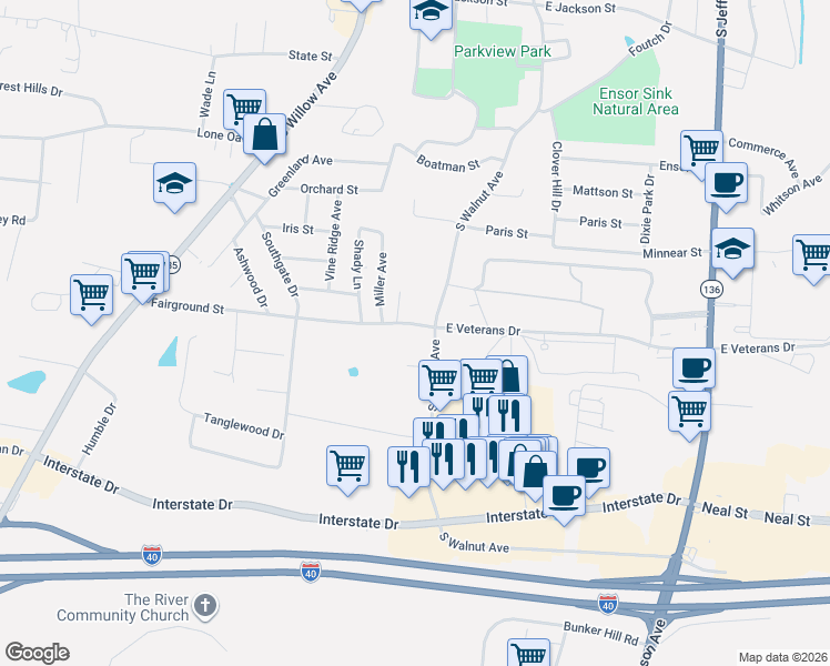 map of restaurants, bars, coffee shops, grocery stores, and more near 635 Fairground Street in Cookeville
