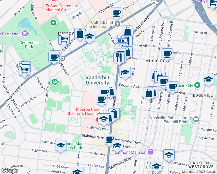 map of restaurants, bars, coffee shops, grocery stores, and more near 1161 21st Avenue South in Nashville