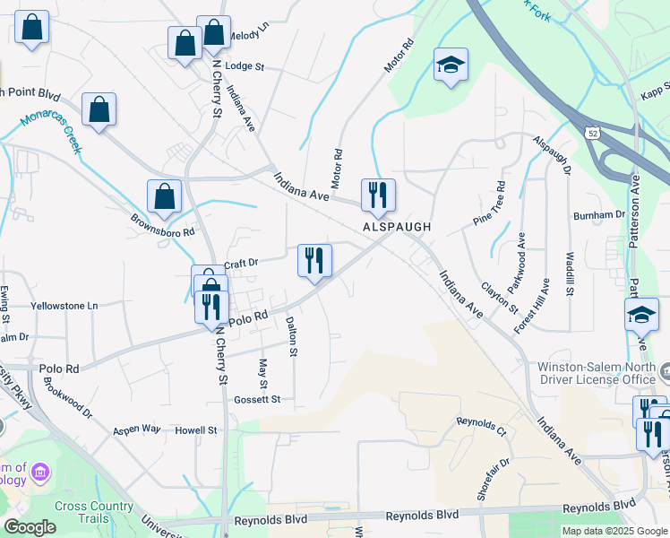 map of restaurants, bars, coffee shops, grocery stores, and more near 221 Polo Road in Winston-Salem