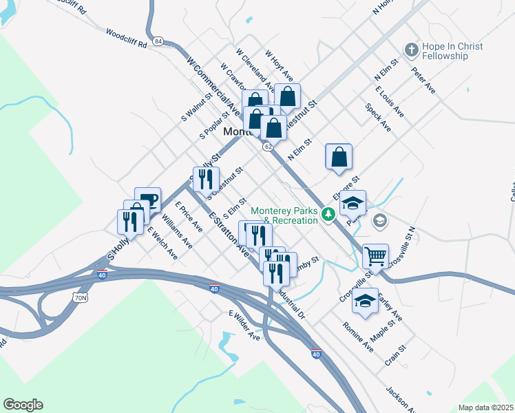 map of restaurants, bars, coffee shops, grocery stores, and more near 310 E Stewart Ave in Monterey