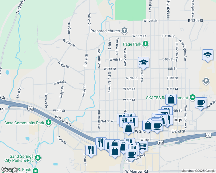 map of restaurants, bars, coffee shops, grocery stores, and more near 602 North Franklin Avenue in Sand Springs