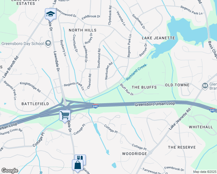 map of restaurants, bars, coffee shops, grocery stores, and more near 2510 Regents Park Lane in Greensboro