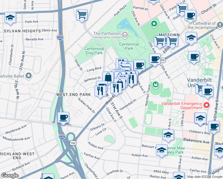 map of restaurants, bars, coffee shops, grocery stores, and more near 3014 Hedrick Street in Nashville