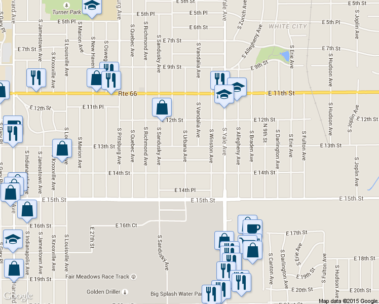 map of restaurants, bars, coffee shops, grocery stores, and more near 4620 East 13th Street in Tulsa