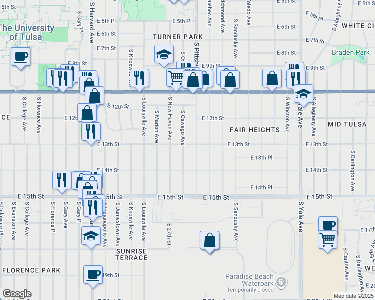 map of restaurants, bars, coffee shops, grocery stores, and more near 1303 South Oswego Avenue in Tulsa