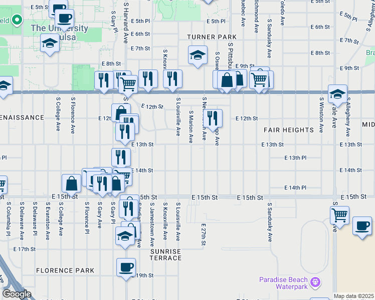 map of restaurants, bars, coffee shops, grocery stores, and more near 1303 South Louisville Avenue in Tulsa