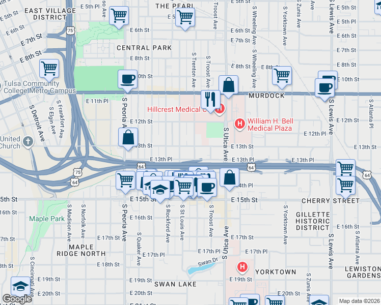 map of restaurants, bars, coffee shops, grocery stores, and more near 1546 East 13th Street in Tulsa
