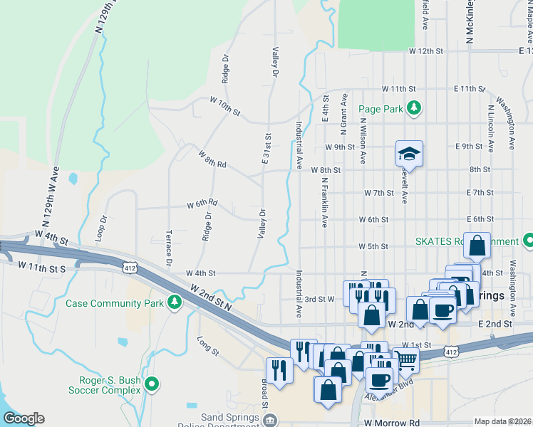 map of restaurants, bars, coffee shops, grocery stores, and more near 602 Valley Drive in Sand Springs