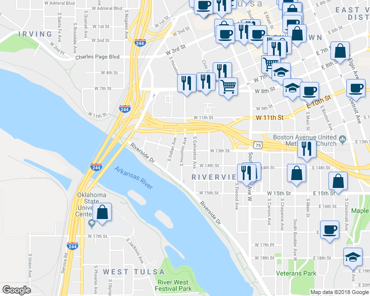 map of restaurants, bars, coffee shops, grocery stores, and more near 647 West 13th Street in Tulsa