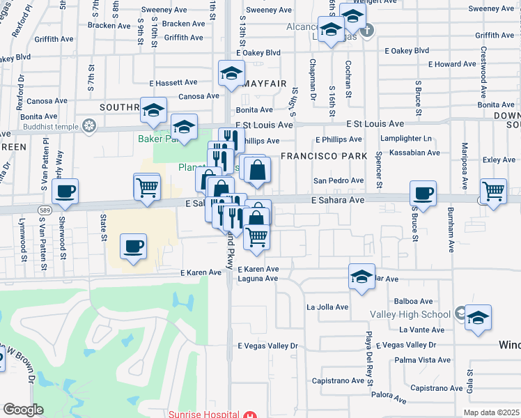 map of restaurants, bars, coffee shops, grocery stores, and more near 2520 South Maryland Parkway in Las Vegas