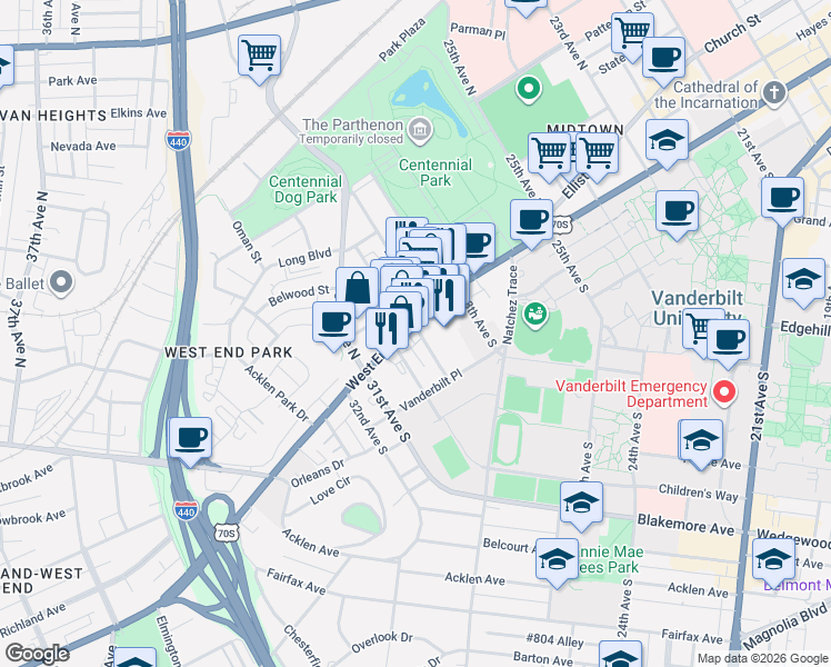map of restaurants, bars, coffee shops, grocery stores, and more near 3001 West End Avenue in Nashville