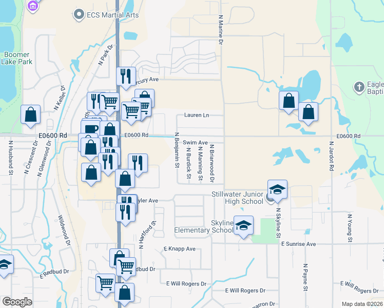 map of restaurants, bars, coffee shops, grocery stores, and more near 2207 North Burdick Street in Stillwater