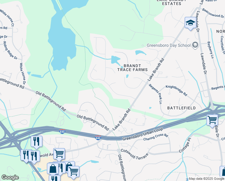 map of restaurants, bars, coffee shops, grocery stores, and more near 2500 Quaker Landing Road in Greensboro