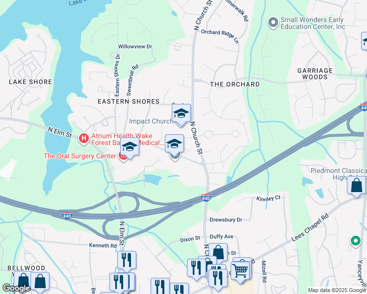 map of restaurants, bars, coffee shops, grocery stores, and more near 5501 Ridingate Court in Greensboro