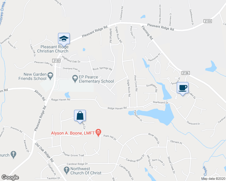 map of restaurants, bars, coffee shops, grocery stores, and more near 4408 Camden Ridge Drive in Greensboro