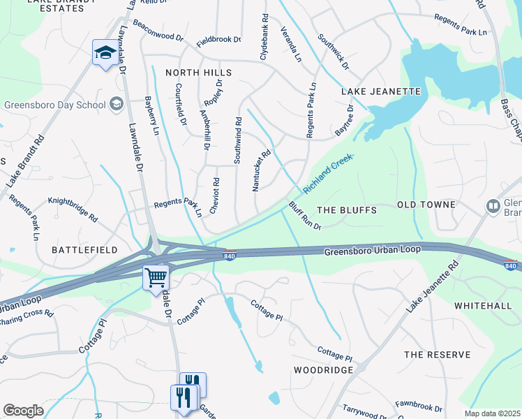 map of restaurants, bars, coffee shops, grocery stores, and more near 2510 Regents Park Lane in Greensboro