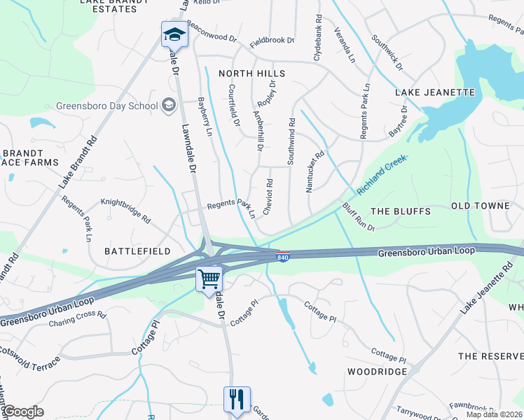 map of restaurants, bars, coffee shops, grocery stores, and more near 5110 Cheviot Road in Greensboro