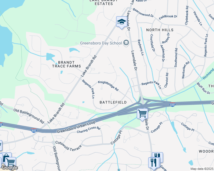 map of restaurants, bars, coffee shops, grocery stores, and more near 4602 Knightbridge Road in Greensboro