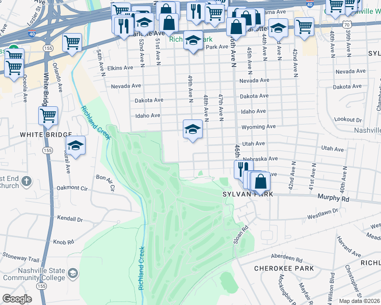 map of restaurants, bars, coffee shops, grocery stores, and more near 141B 49th Avenue North in Nashville
