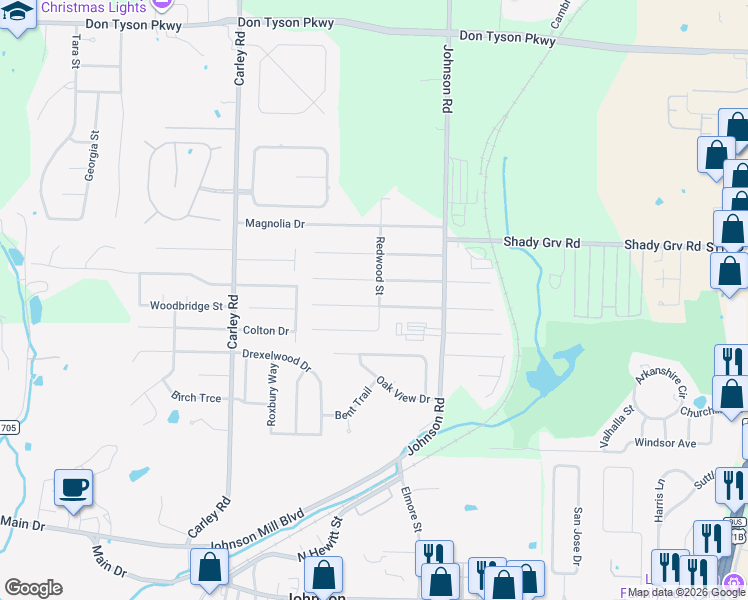 map of restaurants, bars, coffee shops, grocery stores, and more near 2304 Sycamore Place in Springdale