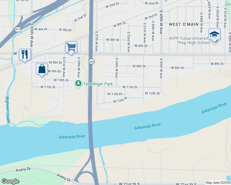 map of restaurants, bars, coffee shops, grocery stores, and more near 5339 West 11th Place in Tulsa