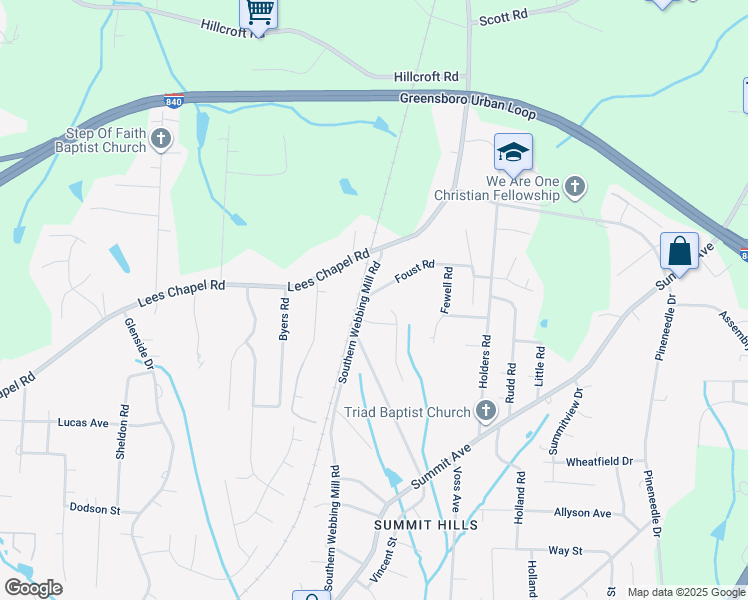 map of restaurants, bars, coffee shops, grocery stores, and more near 1704 Foust Road in Greensboro