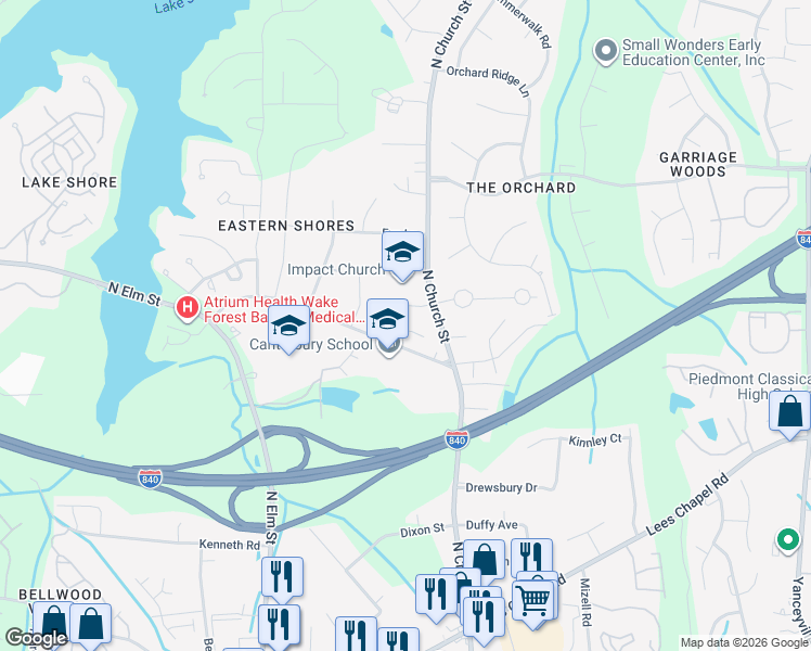 map of restaurants, bars, coffee shops, grocery stores, and more near 5405 Ridingate Court in Greensboro