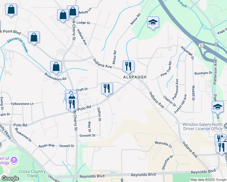 map of restaurants, bars, coffee shops, grocery stores, and more near 221 Polo Road in Winston-Salem