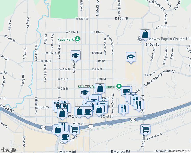 map of restaurants, bars, coffee shops, grocery stores, and more near 608 North McKinley Avenue in Sand Springs