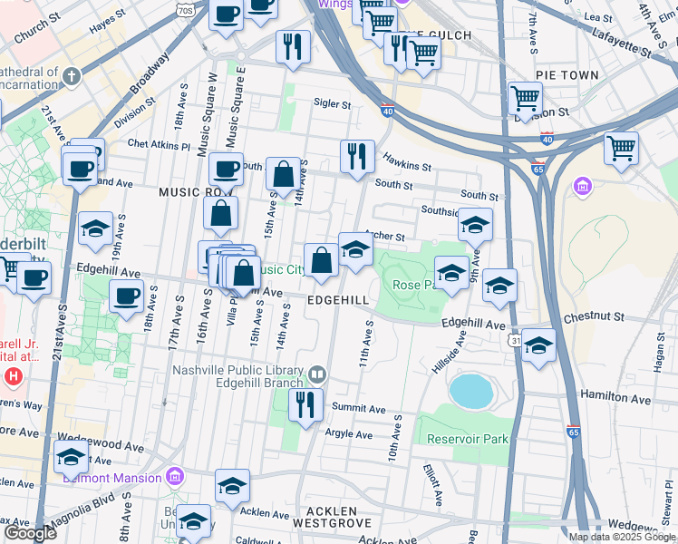 map of restaurants, bars, coffee shops, grocery stores, and more near 1115 12th Avenue South in Nashville