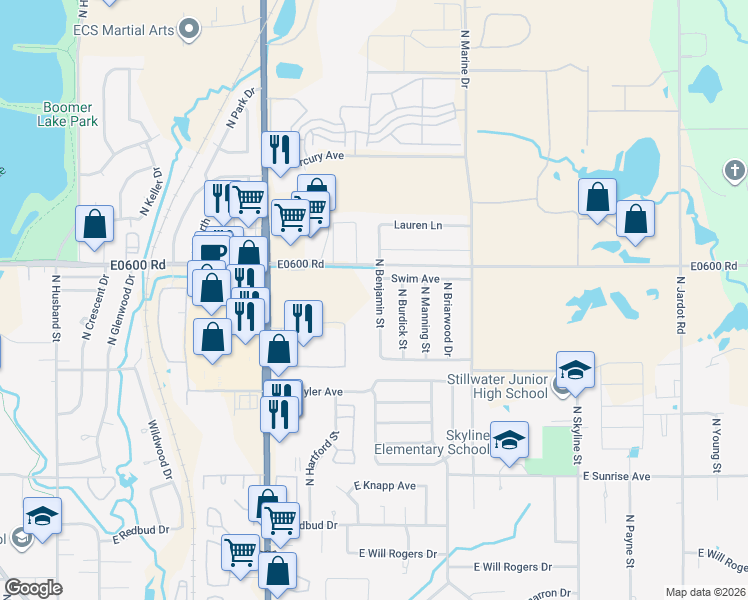 map of restaurants, bars, coffee shops, grocery stores, and more near 2206 North Benjamin Street in Stillwater