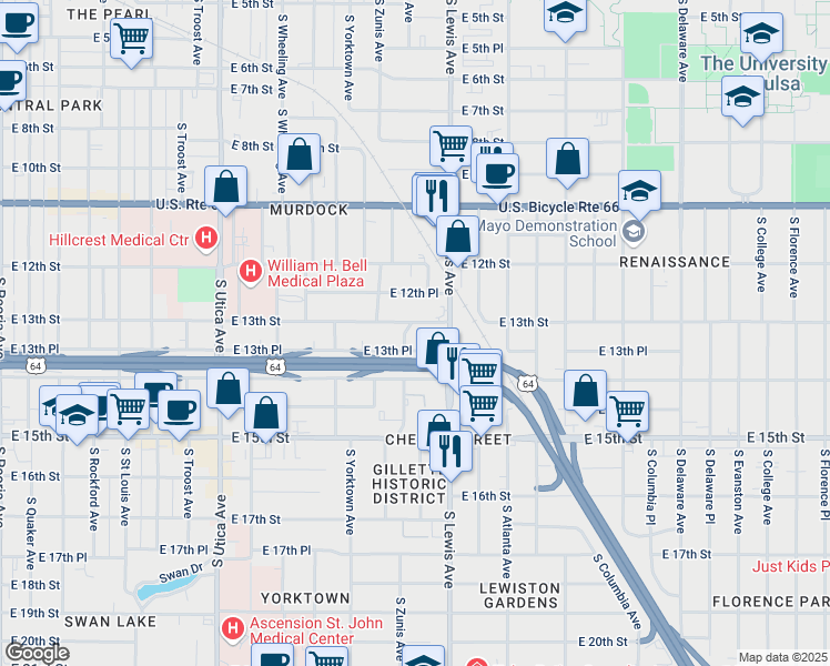 map of restaurants, bars, coffee shops, grocery stores, and more near 1301 Terrace Drive in Tulsa