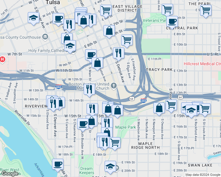 map of restaurants, bars, coffee shops, grocery stores, and more near 1301 South Boston Avenue in Tulsa