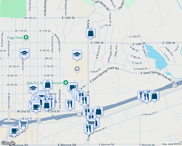 map of restaurants, bars, coffee shops, grocery stores, and more near 510 North Birch Avenue in Sand Springs