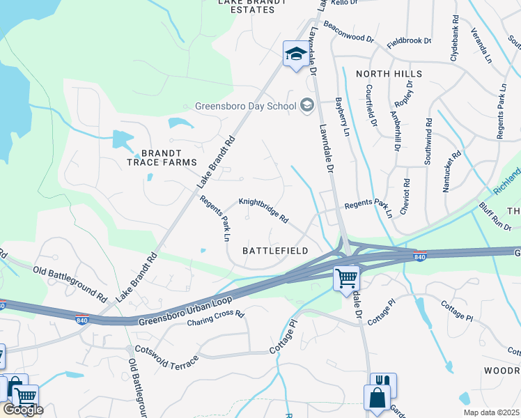 map of restaurants, bars, coffee shops, grocery stores, and more near 4602 Knightbridge Road in Greensboro