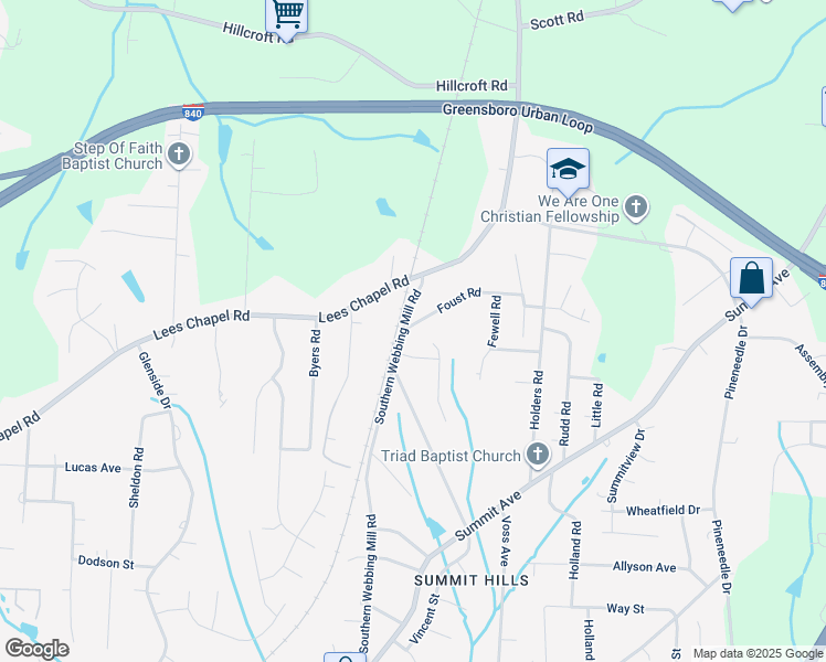 map of restaurants, bars, coffee shops, grocery stores, and more near 1704 Foust Road in Greensboro