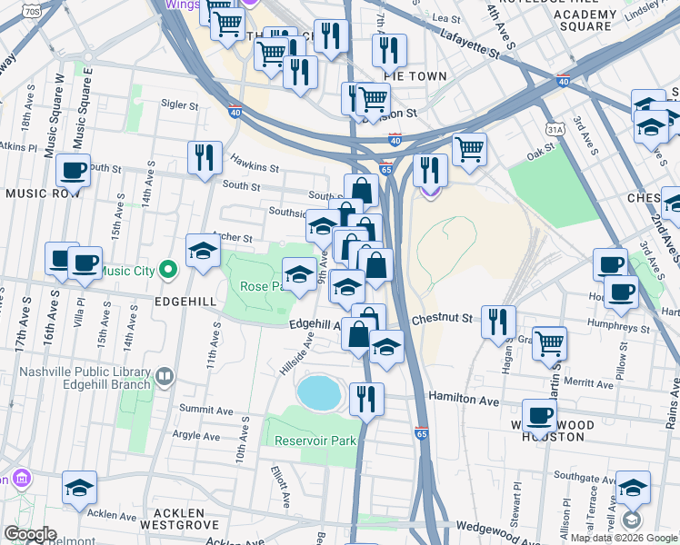 map of restaurants, bars, coffee shops, grocery stores, and more near 1019 8th Avenue South in Nashville
