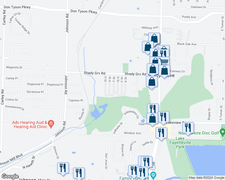 map of restaurants, bars, coffee shops, grocery stores, and more near 116 F Street in Springdale