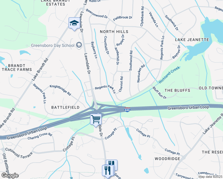 map of restaurants, bars, coffee shops, grocery stores, and more near 2805 Regents Park Lane in Greensboro