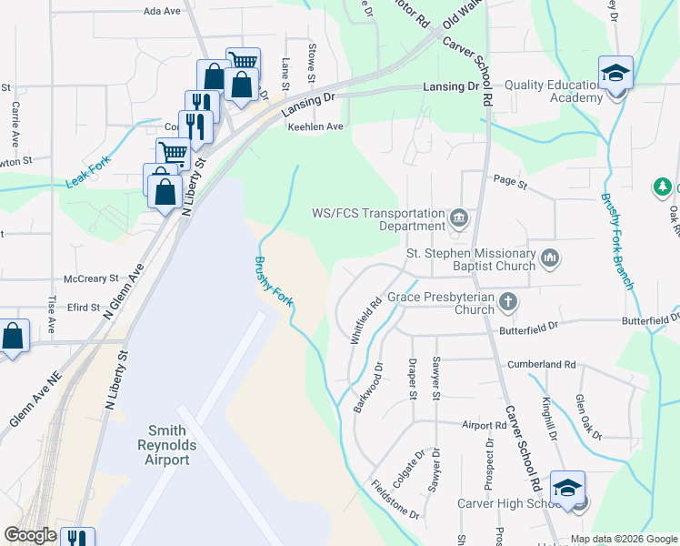 map of restaurants, bars, coffee shops, grocery stores, and more near 2810 Bainbridge Court Northeast in Winston-Salem