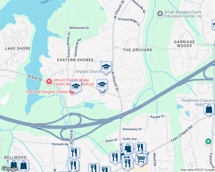map of restaurants, bars, coffee shops, grocery stores, and more near 5501 Ridingate Court in Greensboro
