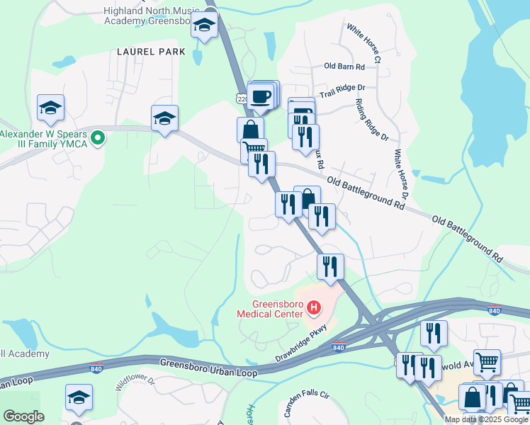 map of restaurants, bars, coffee shops, grocery stores, and more near 3716 Wayfarer Drive in Greensboro