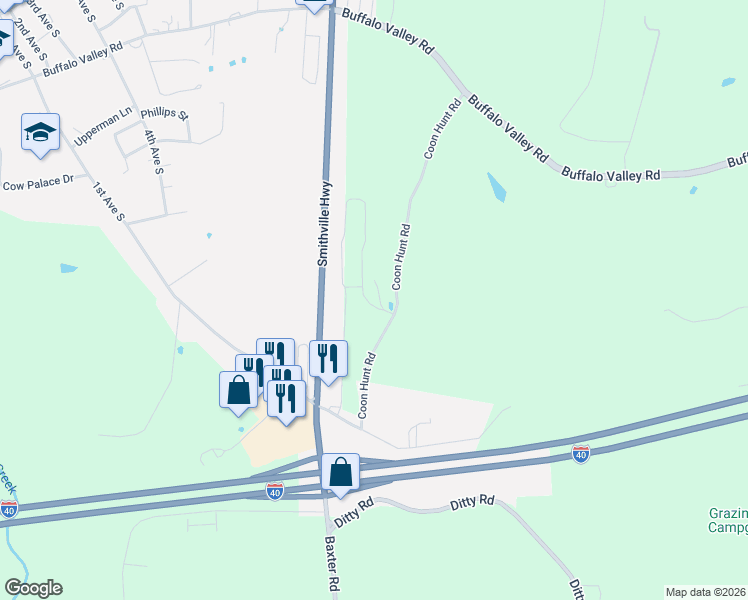 map of restaurants, bars, coffee shops, grocery stores, and more near 1823 Coon Hunt Road in Baxter