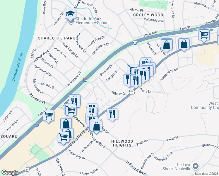 map of restaurants, bars, coffee shops, grocery stores, and more near 446 Wilclay Drive in Nashville