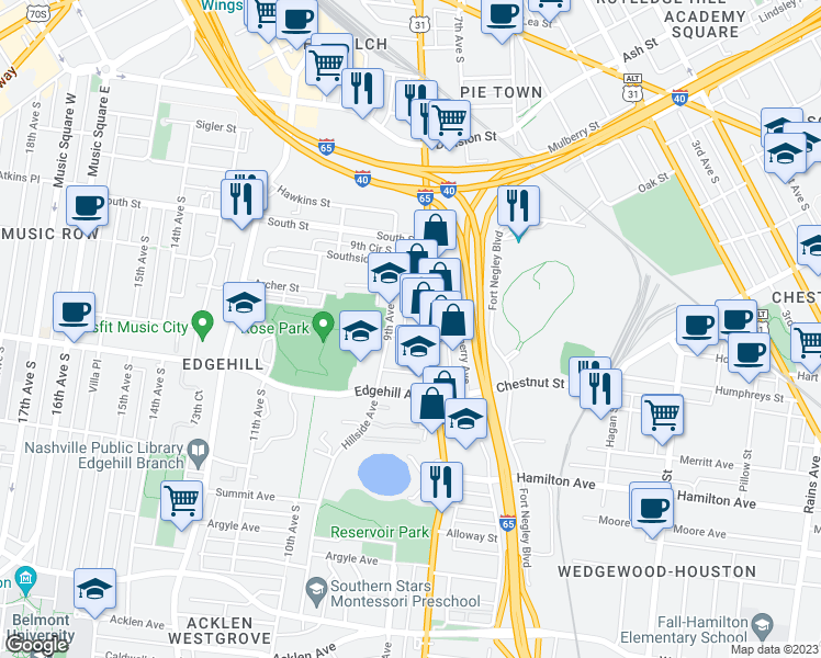 map of restaurants, bars, coffee shops, grocery stores, and more near 1019 8th Avenue South in Nashville